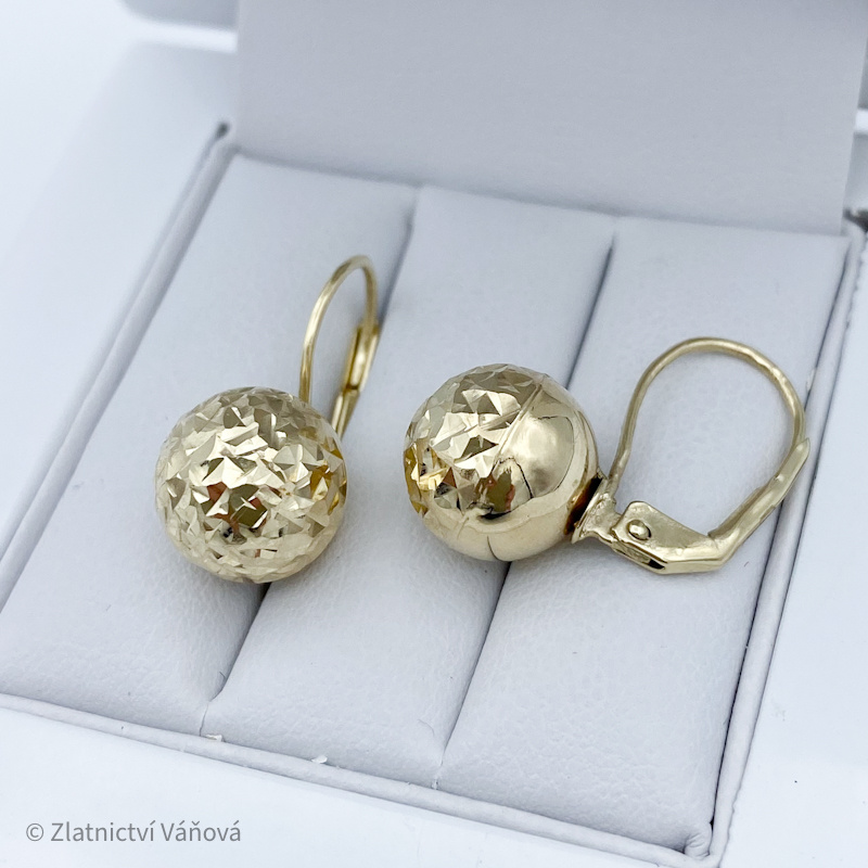 Žluté zlato náušnice KOULE BROUŠENÉ na klapku